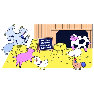 A barnyard scene featuring several farm animals engaged in an activity. A cheerful cow stands beside stacks of hay bales, looking curiously at a riddle written on a chalkboard. A playful pig is jumping around joyfully, while a wise-looking sheep is contemplating the riddle. Nearby, a chicken pecks at the ground, seemingly searching for clues. The barn is visible in the background, with wooden walls and a large open door. The ground is covered in straw, and sunlight is streaming in through the doorway, illuminating the playful atmosphere.