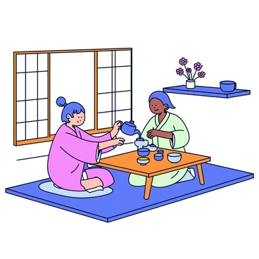 A tea ceremony is taking place in a traditional Japanese room with tatami mat flooring. In the center, there is a low wooden table with a tea set that includes a teapot and delicate teacups. A person in a kimono is gracefully pouring hot tea from the teapot into the cups. There are sliding shoji doors with paper screens on the sides, and a small flower arrangement is placed on a shelf in the background. The atmosphere is calm and focused on the ritual of the tea-making process.