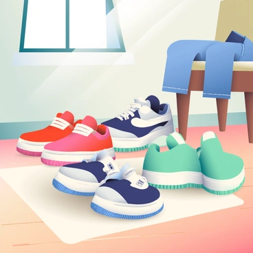 A collection of Air Force 1 sneakers in various colors is arranged on a wooden bedroom floor. The sneakers include a bright red pair, a classic white pair, a navy blue pair, and a vibrant green pair. Each sneaker is positioned neatly, showcasing its distinct color and design. A soft, light beige rug is partially visible under the sneakers, and the walls of the bedroom are painted a calming pastel color. Natural light filters in through a window, casting soft shadows on the floor. A pair of blue jeans is casually draped over a nearby chair, adding to the relaxed atmosphere.