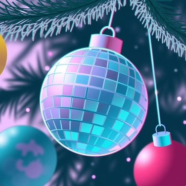 A close-up of a sparkling disco ball ornament reflecting bright lights, hanging from a branch of a decorated holiday tree. The disco ball is covered in numerous small, mirror-like squares that create a dazzling effect as they catch the light. Surrounding the disco ball are colorful ornaments and strands of shimmering tinsel. In the background, soft-focus holiday lights twinkle, creating a warm and festive atmosphere. The tree's green needles are visible, adding a natural touch to the vibrant holiday scene.