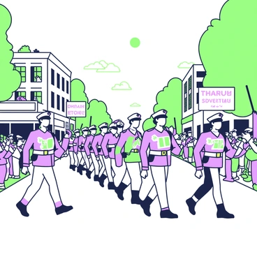 A parade of soldiers is marching through the streets of a town. The soldiers are wearing uniforms that feature various insignia and medals, signifying their ranks and accomplishments. They are in perfect formation, with their heads held high and their boots striking the ground in unison. On either side of the street, community members are gathered, some waving flags and others holding banners that display messages of gratitude. The sun is shining brightly, casting shadows on the ground, and a few trees line the street, their leaves rustling gently in the breeze. In the background, there are buildings with windows filled with onlookers, all witnessing the solemn yet proud demonstration.