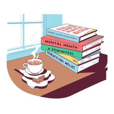 A stack of various mental health books is arranged neatly on a rich brown wooden table. The books have colorful covers, prominently featuring titles related to mindfulness and emotional well-being. Beside the stack, there is a white ceramic cup filled with steaming tea, the steam curling upwards in delicate wisps. A small wooden coaster is placed underneath the cup, complementing the natural texture of the table. Sunlight filters through a nearby window, casting soft shadows across the scene.