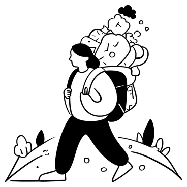 An individual with a sturdy build is walking along a path, carrying a large, heavy backpack. The backpack is bulging, with symbolic representations of worries such as oversized clocks, crumpled papers, and dark clouds protruding from it. The individual’s body posture suggests the weight of the load, with slumped shoulders and a slight forward lean. The path is flanked by abstract representations of stress, like tangled lines and fractured shapes, emphasizing the burden being carried.