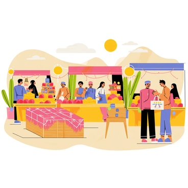 A bustling desert market scene with a variety of colorful stalls. The stalls are filled with vibrant spices in red, yellow, and orange hues, neatly arranged in wooden boxes. Brightly colored fabrics are draped over tables, showcasing intricate patterns and designs. Small trinkets, such as handmade jewelry and decorative items, are displayed prominently on the stalls. The sun shines brightly overhead, casting distinct shadows, and a group of people can be seen shopping and interacting, adding to the lively atmosphere of the market.
