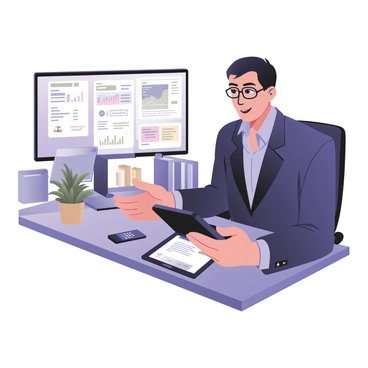 A business professional, a middle-aged man with short black hair and glasses, is seated at a modern desk. He is wearing a tailored navy blue suit and a light blue shirt. He is holding a tablet in his left hand, focused on reviewing a digital invoice displayed on the screen. The tablet shows detailed financial information and graphs. His right hand is gesturing as he speaks on a video call, which is projected on a sleek monitor in front of him. The background features a minimalist office with a potted plant and a bookshelf filled with books. A soft light from a window illuminates the scene, highlighting the man’s concentrated expression.