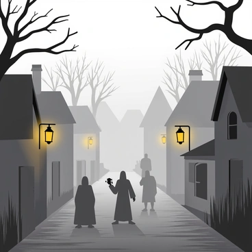 A thick, gray fog envelops a quaint village, obscuring the houses with thatched roofs and cobblestone paths. Shadows of mysterious figures gradually emerge from the fog, revealing cloaked silhouettes and indistinct shapes that hint at an otherworldly presence. The village lanterns cast a soft yellow glow, illuminating the edges of the fog, while the sound of distant whispers can be sensed in the air. Trees with twisted branches loom at the outskirts, adding to the atmosphere of intrigue and mystery.