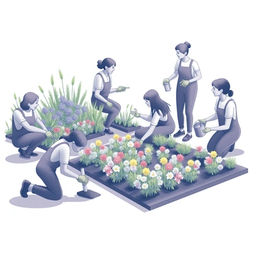 A group of community gardeners are engaged in various gardening activities within a vibrant flower garden. Several individuals are kneeling on the ground, planting colorful flowers in neat rows. One person is holding a small spade, while another is using a watering can to nourish the newly planted blooms. In the background, lush green plants and flowers are in full bloom, creating a lively atmosphere. A couple of gardeners are chatting and sharing tools, while others are focused on their tasks, contributing to the collective effort in maintaining the garden. The sun casts distinct shadows, adding depth to the scene.