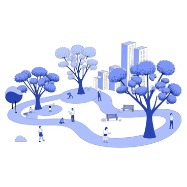 A futuristic urban park features tree-shaped solar panel installations providing shade for visitors. The park has winding pathways lined with benches and landscaped gardens. People are walking and sitting on the grass, enjoying the open space. The solar panels are designed to resemble large, leafy trees, with intricate branch-like structures reaching out to provide coverage. In the background, there are modern high-rise buildings that enhance the urban atmosphere. The sky above is clear, highlighting the innovative design of the park.