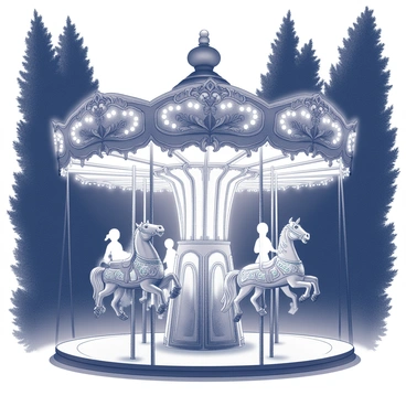 A vintage carousel stands prominently in a park illuminated by moonlight. The carousel features intricately carved wooden horses, each adorned with ornate saddles and bridle decorations. Ghostly children can be seen riding the horses, their forms slightly translucent, capturing a sense of movement as they hold onto the reins. The scene is surrounded by tall, shadowy trees that frame the carousel. Soft glows emanate from beneath the carousel structure, highlighting the details of the craftsmanship. The atmosphere is still, with the only sound being the faint creaking of the carousel as it turns slowly in the night.