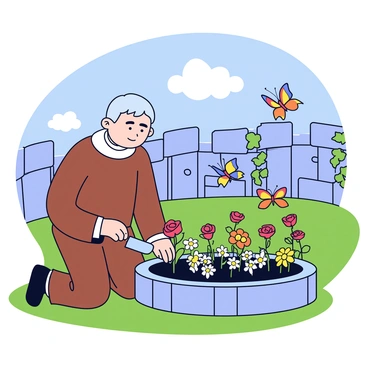 A monk wearing a brown robe is kneeling beside a small flower bed outside a medieval monastery. The flower bed is filled with various colorful flowers, including red roses and yellow daisies. The monk is gently tending to the flowers with a small trowel in hand. Several butterflies in vibrant colors, such as orange and blue, are fluttering around the flowers. The stone walls of the monastery rise in the background, adorned with ivy climbing up the sides. The scene is set under a clear blue sky with a few fluffy white clouds.