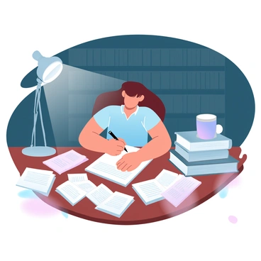 A student is sitting at a wooden study table in a dimly lit library. The student is focused on a stack of opened textbooks and is writing notes on a piece of paper. Surrounding the student are numerous grade papers scattered across the table, some with red ink markings. A desk lamp casts a warm glow over the workspace, creating a contrast against the dark wooden shelves filled with books in the background. Soft shadows stretch across the table, adding depth to the scene. An empty coffee cup sits beside the student, indicating a long night of studying.