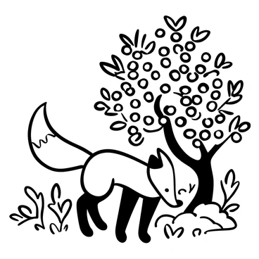 A fox with a bushy tail crouched down, sniffing at the base of an elderberry bush. The bush is dense and lush, filled with clusters of ripe elderberries. The surroundings are dotted with various leaves and twigs, creating a natural habitat. The fox’s fur has a textured appearance, contrasting with the smooth surface of the berries. The scene conveys a sense of exploration and interaction with nature.
