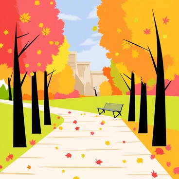 Autumn leaves in various shades of orange, yellow, and red are falling gently along the stone paths of Kalemegdan Park. The paths are lined with tall trees showcasing their vibrant foliage, creating a colorful canopy overhead. The ground is scattered with leaves, forming a beautiful mosaic of colors. In the distance, a historic fortress can be seen, partially obscured by the foliage, and a clear blue sky provides a bright backdrop to this tranquil scene. A few park benches can be spotted along the path, inviting visitors to sit and enjoy the picturesque surroundings.