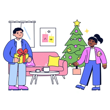 A cozy living room with warm lighting and soft furnishings. A person stands on the left, holding a beautifully wrapped gift adorned with a shiny red ribbon and a gold gift tag. The recipient, on the right, has an excited expression, reaching out to take the gift. In the background, there is a comfortable sofa with patterned cushions and a small coffee table with a steaming mug on it. A decorated Christmas tree is visible in the corner, adding to the warm atmosphere.
