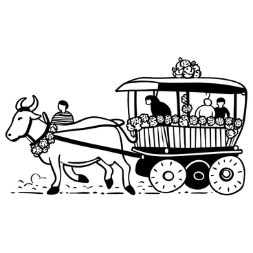 A traditional bullock cart with intricate decorations for the Kambala festival race. The cart features vibrant garlands of flowers and colorful ribbons adorning its wooden frame. Two sturdy bullocks are harnessed at the front, their yokes embellished with ornate designs. The ground is marked with tracks from the race, and spectators can be seen in the background, engaged in the excitement of the festival.