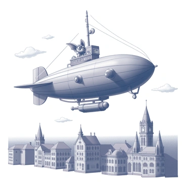 A large steampunk airship is soaring through the sky. The airship features intricate gears and mechanical components, with billowing sails attached to its sides. A bat, wearing a small pilot's goggles and a leather cap, is at the helm, navigating the vessel with its wings outstretched. Below, a vintage cityscape stretches out, showcasing buildings with ornate architecture, tall spires, and winding cobblestone streets. Wispy clouds surround the airship, emphasizing its flight above the detailed city.