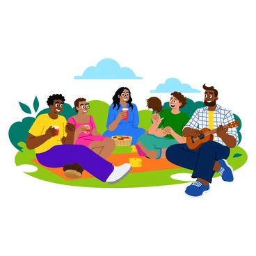 A group of five diverse friends sitting on a colorful picnic blanket. They are enjoying a sunny day surrounded by green grass and trees. One friend, a tall man with curly hair wearing a yellow t-shirt, is holding a sandwich. A woman with long black hair in a blue dress is laughing while holding a red drink. Another friend, a person with glasses and short hair in a green shirt, is sitting cross-legged, sharing a story. The fourth friend, a woman with curly hair wearing a pink top, is reaching for a basket filled with fruits. The fifth friend, a man with a beard in a checkered shirt, is playing a ukulele, adding to the cheerful atmosphere. All of them are smiling and enjoying each other's company.