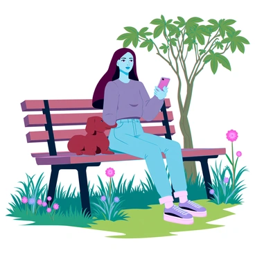 A young woman with medium skin tone and long brown hair wearing a cozy gray sweater and light blue jeans. She is sitting on a wooden park bench surrounded by lush green grass and a variety of colorful flowers. In her hands, she holds a smartphone while looking thoughtfully at the screen. Sunlight filters through the leaves of nearby trees, casting soft shadows on the ground. A small brown dog sits beside her, looking up attentively.
