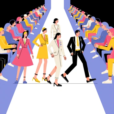 A fashion showcase event featuring models walking down a runway. Each model is wearing a unique outfit, showcasing a variety of styles including elegant dresses, tailored suits, and trendy casual wear. The runway is adorned with bright lights and colorful decorations. Spectators are seated on either side, attentively watching the presentation. The atmosphere is dynamic and lively, emphasizing the creativity and diversity of fashion.