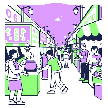 A bustling night market in the city filled with activity. Stalls line both sides of a narrow pathway, with bright signs showcasing various food items. There are people gathered around, enjoying different dishes. One stall features a large pot with steam rising from it, while another has colorful skewers displayed prominently. Lanterns hang above, casting a warm glow, while the sky is visible, dotted with a few stars. In the foreground, a couple is sharing a dish, their expressions animated with excitement. In the background, a vendor is serving a drink to a customer.