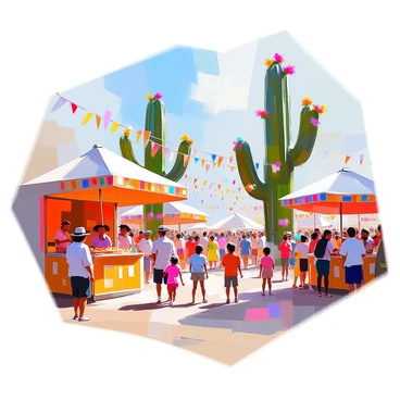A lively festival scene filled with numerous people celebrating together, surrounded by towering cactus sculptures. The attendees are dressed in colorful traditional clothing, with some wearing hats and accessories that reflect the festive atmosphere. Music notes seem to fill the air as a group of musicians plays nearby, adding to the joyful ambiance. Children are seen laughing and running around, while others enjoy food from vibrant stalls adorned with decorations. The giant cactus sculptures, intricately designed and painted, stand prominently around the gathering, creating a unique backdrop for the celebration.