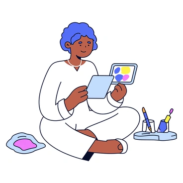 A personification of Saraswati is depicted as a woman with flowing white garments and a serene expression. She is seated cross-legged with a modern tablet in her hands, focusing intently on her work. The tablet shows an array of vivid colors laid out in a vibrant virtual palette. Beside her, a few artistic tools like a stylus and brushes rest on a minimalistic table. The background is simple and unobtrusive, emphasizing her creative process.