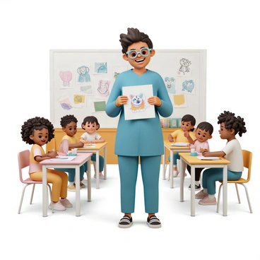 A joyful illustration tutor, wearing a blue shirt and glasses, stands at the front of a bright and colorful classroom. She is smiling and holding a sketch of a playful puppy. In front of her, a group of children are seated at small desks, each intently focused on their artwork. One child, a girl with curly hair, is drawing a cat with vivid colors, while another boy is sketching a large elephant with a big smile. The classroom is adorned with drawings of various animals on the walls, and there are art supplies scattered across the desks. The atmosphere is lively, filled with laughter and creativity as the children express their favorite animals on paper.