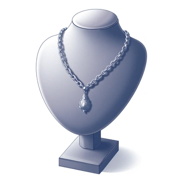 An antique collier necklace is elegantly draped over a velvet jewelry stand. The necklace features intricate metalwork, with ornate links and a central pendant that catches the light. The stand is plush, with the velvet texture enhancing the luxurious appearance of the jewelry. Soft shadows are cast on the stand, emphasizing the shape and details of the necklace. The background is softly blurred, drawing attention to the intricate craftsmanship of the antique piece.