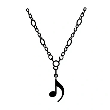 A collier, featuring an intricate chain designed with small musical notes interspersed throughout the links. The pendant is shaped like a treble clef, elegantly hanging at the center. The entire piece is made of polished silver, reflecting light beautifully. The musical notes are detailed with clear outlines, and the treble clef pendant is slightly larger than the surrounding links, drawing attention to its design.