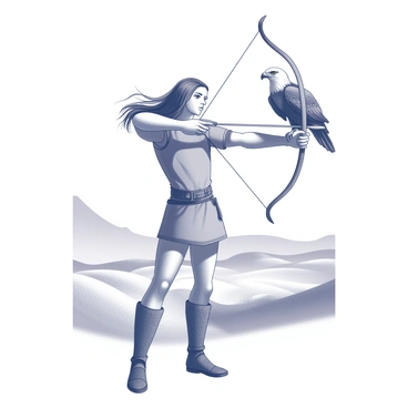 An archer with an eagle perched on their arm, both gazing intently at the distant horizon