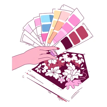 A hand with well-manicured nails is holding a fan of color swatches above a detailed illustration. The color swatches display a variety of hues, creating a vibrant contrast with the illustration beneath. The illustration features an intricate floral design, showcasing various blooms and leaves. The background consists of subtle patterns that complement the overall composition without overwhelming it. The hand is positioned gracefully, suggesting a careful selection process for the colors displayed.