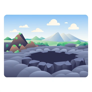 A wide landscape features diverse volcanic formations and craters. The foreground includes a large, dark volcanic crater with sharp edges, surrounded by rough, black lava rock. To the left, a series of smaller pyramidal volcanic cones rise sharply into the sky, their surfaces dotted with patches of green vegetation. In the background, a range of distant volcanic mountains can be seen, their slopes cloaked in a mix of brown and gray ash. A bright blue sky stretches overhead, scattered with fluffy white clouds, casting shadows over the terrain.