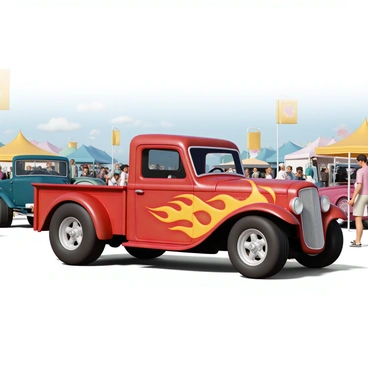 A customized hot rod truck, featuring a sleek body with a shiny red paint job. The truck has large black wheels and chrome accents that glisten under the bright lights. Flame decals in vibrant orange and yellow wrap around the sides, giving it a fierce look. The truck is parked prominently at a bustling car show, surrounded by other vehicles and excited onlookers. Bright banners and tents fill the background, while a clear blue sky provides a perfect backdrop for the event.