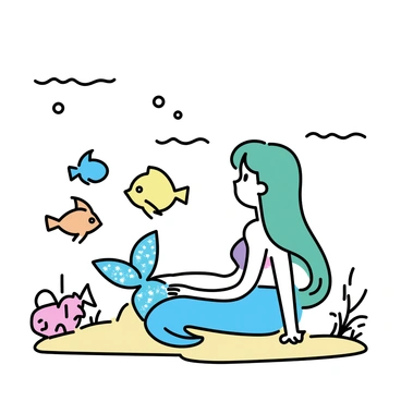 A mermaid with long flowing green hair, wearing a shimmering turquoise tail, is sitting on a coral reef. Her eyes are wide with curiosity as she interacts with a school of colorful fish that swim around her. The fish vary in size and vibrant colors, including orange, yellow, and blue, creating a lively atmosphere. Light filters through the water, casting gentle reflections on the sandy ocean floor.