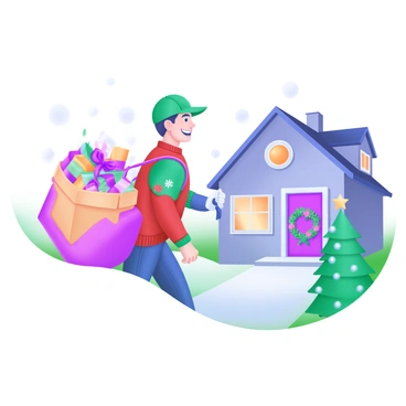A delivery person wearing a vibrant, festive sweater with holiday motifs is seen carrying a large bag filled with colorful wrapped gifts on Christmas Eve. The scene is set against a backdrop of softly falling snow. The delivery person has a cheerful expression as they walk towards a cozy house adorned with twinkling lights and a wreath on the front door. Nearby, a decorated Christmas tree is visible through the window, with ornaments glistening in the warm glow of the room.