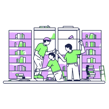 A library interior features several tall shelves being installed to hold an increasing collection of books. In the center, two workers are assembling a new shelf, using tools and wooden planks. The existing shelves, filled with books of various sizes, are lined along the walls. Open books are scattered on a nearby table, and a ladder leans against one of the bookcases. Soft lighting illuminates the space, highlighting the rich textures of the wooden shelves and the colorful spines of the books.