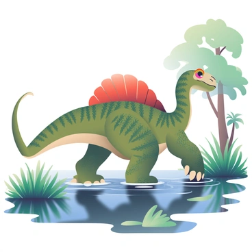 A spinosaurus with a large sail on its back is wading through a murky swamp, its long tail trailing behind it. The dinosaur's skin has a texture resembling rough scales in varying shades of green and brown. Thick, dark water surrounds its legs as it steps carefully, creating ripples. Lush vegetation, including tall ferns and thick reeds, encircles the scene, with some hanging low over the water. In the background, there are hints of larger trees with broad leaves, filtering the light that dapples the swamp's surface.