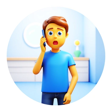 A person with short brown hair is standing in a brightly lit room while holding a smartphone to their ear. They have a surprised expression on their face, with wide eyes and slightly parted lips, indicating their astonishment. The background features a simple, modern design with a soft color palette. The person's clothing is casual, consisting of a blue t-shirt and jeans.