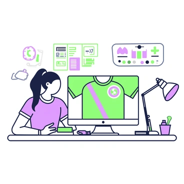 A graphic designer is seated at a modern desk, intensely focused on a large computer screen displaying a soccer jersey design. The designer has long hair tied back in a ponytail and is wearing casual clothing. The screen showcases a vibrant jersey featuring a dynamic pattern, with elements such as stripes and logos prominently displayed. On the desk, various design tools are scattered, including a sketchbook, color swatches, and a tablet. Behind the designer, a pinboard filled with soccer memorabilia and design inspirations is visible.