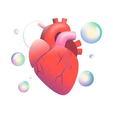 A human heart is positioned in the center of the image. The heart is a vivid red color with detailed texture and anatomical features visible. Surrounding the heart are several floating iridescent bubbles of various sizes, displaying a range of colors including blue, green, and purple as they catch the light. The bubbles appear translucent and reflect the heart's shape and surrounding light. The background is softly blurred to emphasize the heart and the bubbles, creating a sense of depth and focus on the central elements.