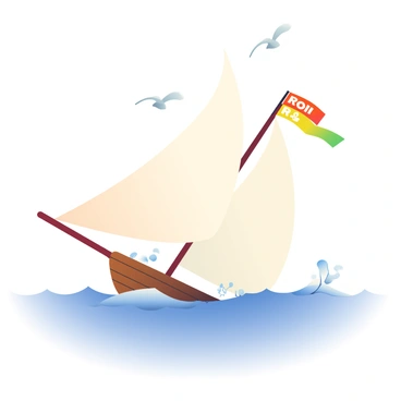 A sailboat with a white sail is navigating through blue waves. The boat has a wooden hull and is tilting slightly to one side as it sails forward. Colorful flags are flying from the mast, each flag displaying a different symbol that represents increasing return on investment (ROI). The flags transition from red to orange to yellow to green, indicating successful growth. Small white frothy waves are splashing against the side of the boat, and seagulls can be seen flying in the distance.