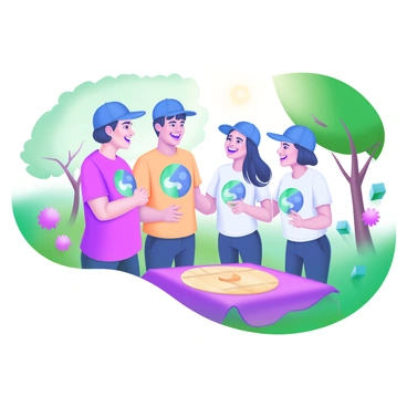 A modern pastel illustration featuring a group of four friends standing together in a vibrant park. Each friend is wearing matching caps and T-shirts with a distinctive logo prominently displayed on the front. The caps are in shades of blue, while the T-shirts are in a light pastel hue. The friends are smiling and laughing, engaged in a lively conversation. In the background, there are green trees and colorful flowers surrounding them, and a picnic blanket is spread out on the grass nearby. Sunlight filters through the leaves, creating a cheerful atmosphere.