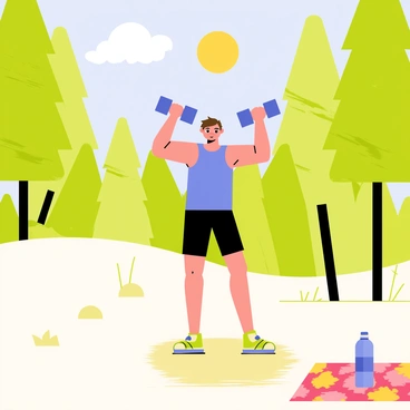 A person is performing "dumbbell bicep curls" in a sunny park. The individual has short brown hair and is wearing a bright blue tank top and black shorts. "Dumbbells" are held in both hands, raised towards their shoulders. The park is filled with tall green trees casting dappled shadows on the ground. The sun shines brightly above, and a few fluffy white clouds drift across the blue sky. A picnic blanket with a colorful pattern can be seen nearby, along with a water bottle resting on it.