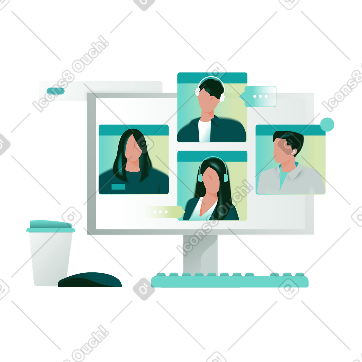 Ilustração de Colegas discutindo trabalho em reunião zoom no estilo Office para baixar PNG, SVG