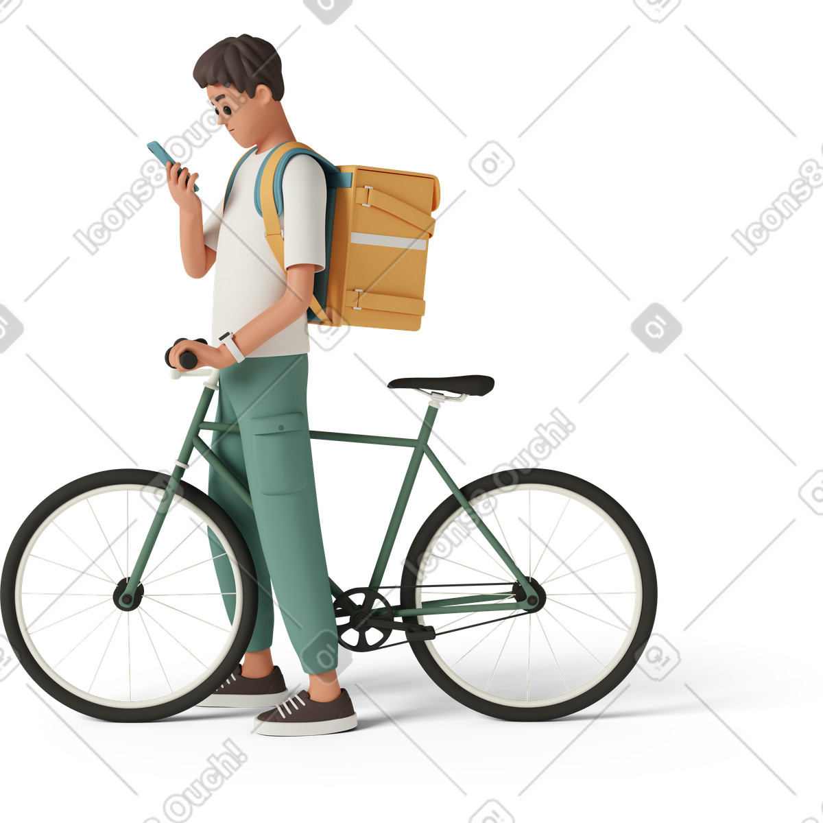 Ilustração de Side view of delivery man standing with bicycle and looking at the phone em no estilo 3D Casual life para baixar em PNG, SVG