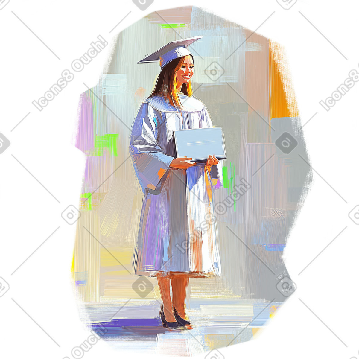 Oil painting illustration of a smiling female graduate student in university clipart images