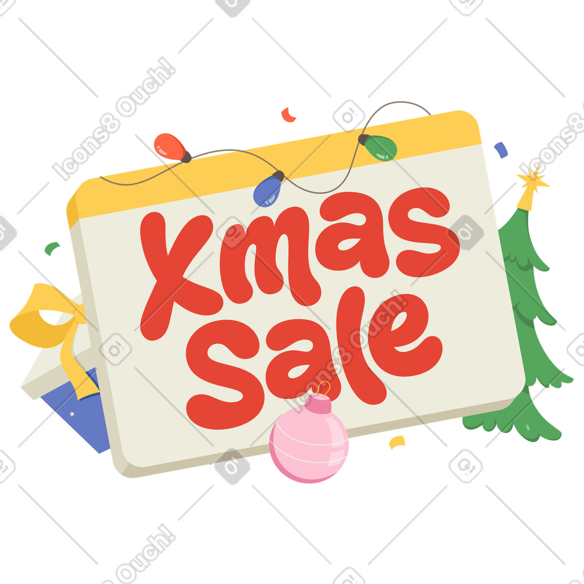 Lettering xmas sale con confezione regalo e testo dell'albero di natale illustrazione in stile Social scarica in PNG, SVG
