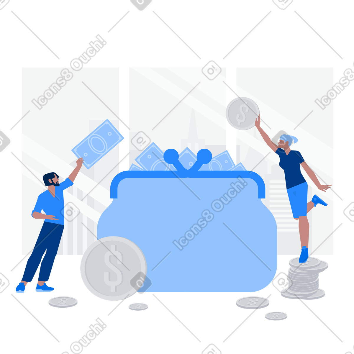 Couple adding cash to large wallet, Family wealth accumulation illustration in PNG, SVG