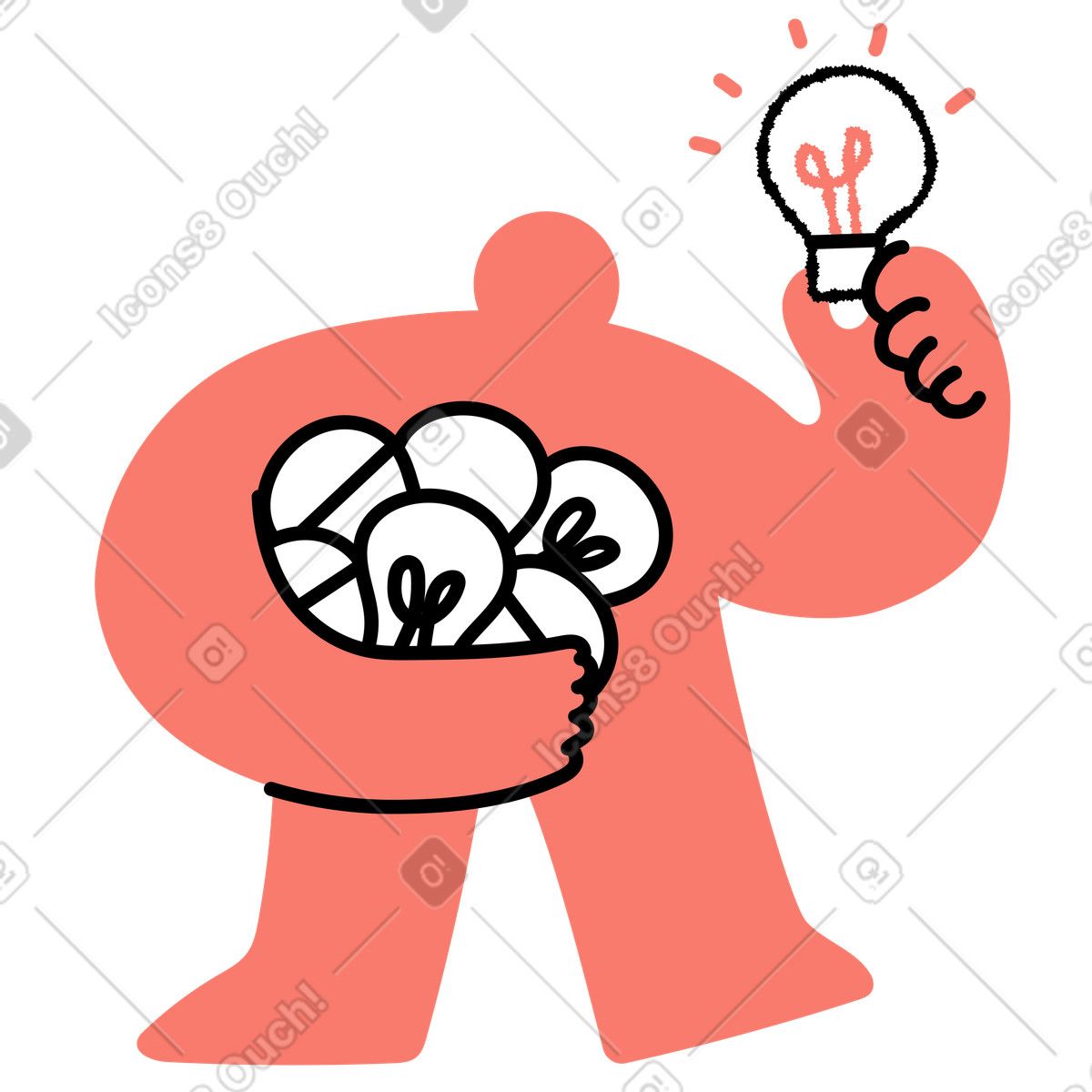 下载 Bold People 风格的 Brainstorming process as person gathering ideas and presenting final light bulb 插画，支持 PNG、SVG 格式