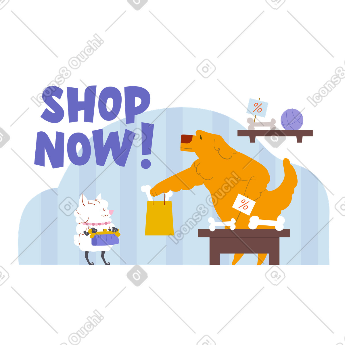下载 Woof 风格的 现在购物短信和狗在商店里买骨头 插画，支持 PNG、SVG 格式